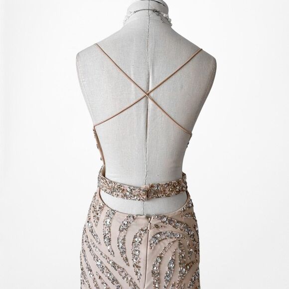Vintage Y2K Beige Nude Beaded Fit Flared Maxi Formal Prom Dress Size S/M - Picture 6 of 7